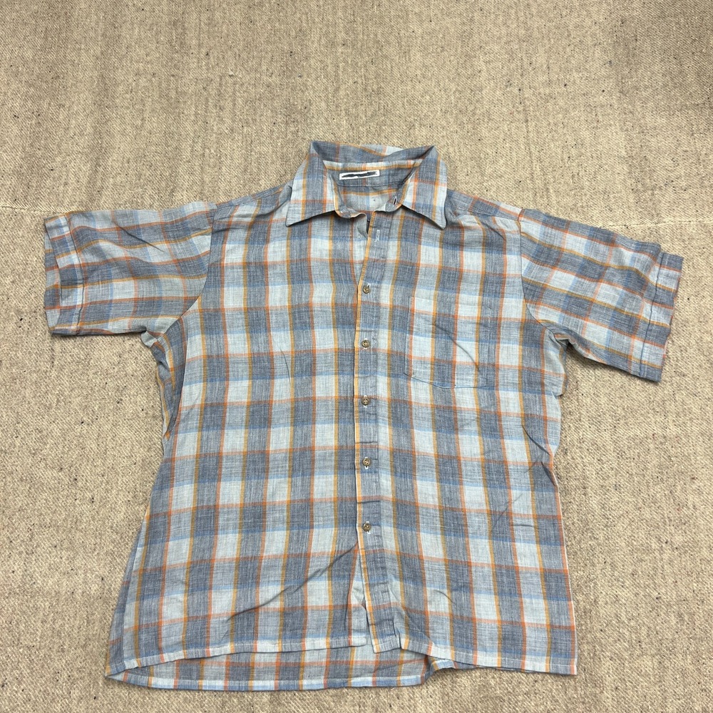 Vintage Sears Button Up Shirt Mens Large Blue‎ 1970s Short Sleeve Plaid